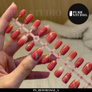 เล็บปลอมลายส้มแดงทอง Redorange จาก Purr Studio เล็บปลอมสำเร็จรูป ติดง่าย ดีไซน์หรู