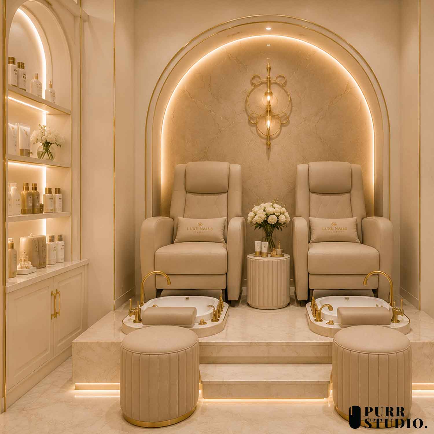 บริษัทตกแต่งภายในออกแบบโซนทำเล็บเท้าพร้อมเก้าอี้ Pedicure Chair และอ่างสปาเท้าสไตล์ Minimal Luxury